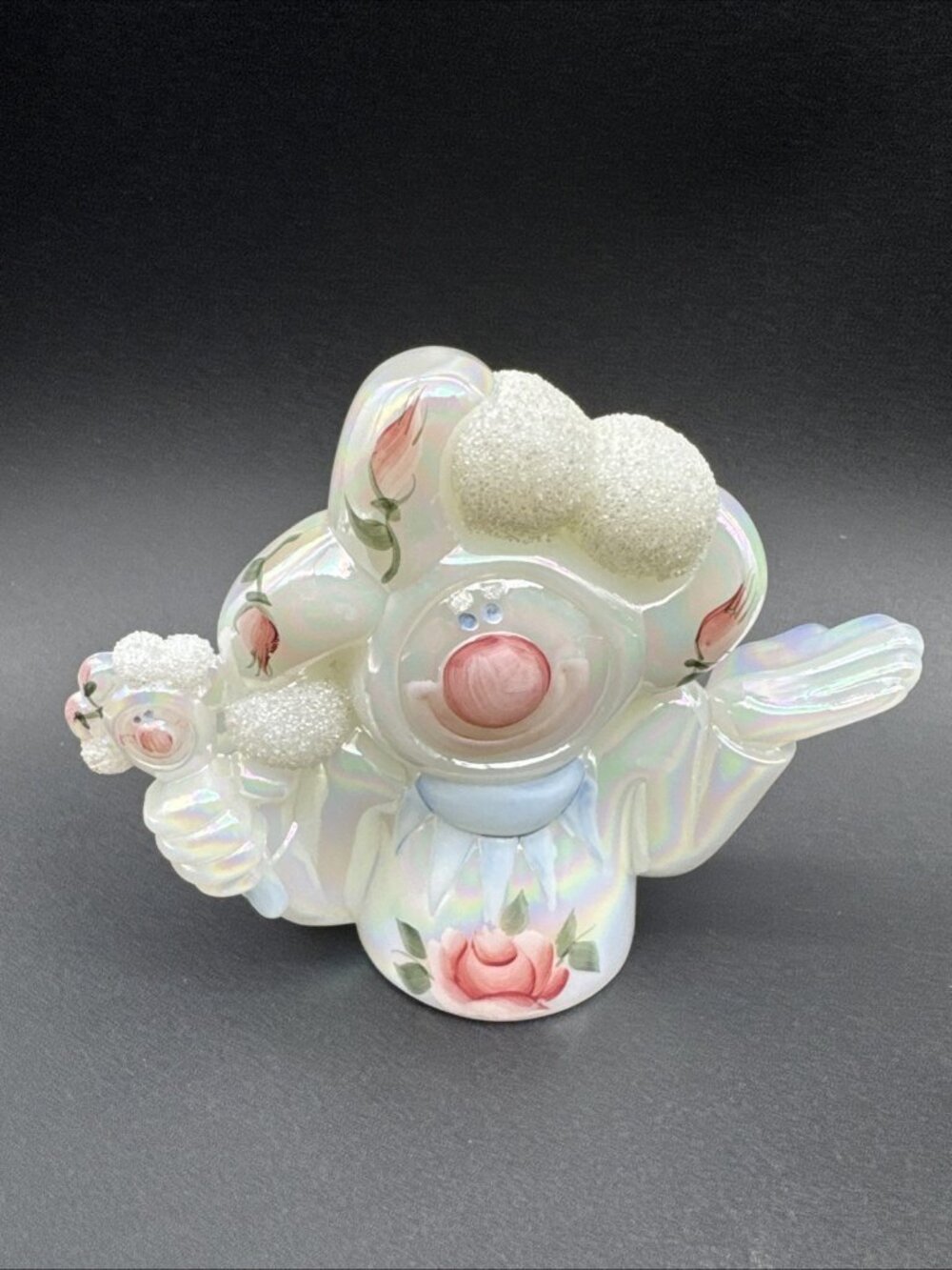 Fenton White Iridescent Clown Handpainted Roses Signed Fredrick Figurine Floral